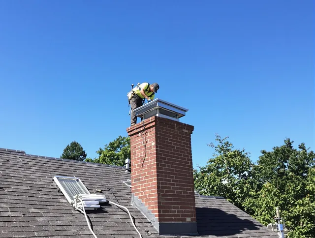 Darien Chimney Sweep technician measuring a chimney cap in Darien, CT