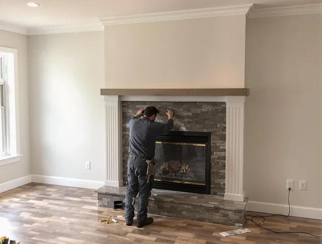 Darien Chimney Sweep finishing a custom fireplace install in Darien, CT